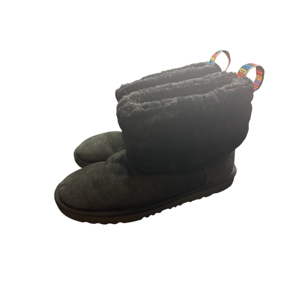 UGG Fluff Mini Quilted Black Suede Rainbow Logo Boots 1112070K Size 6